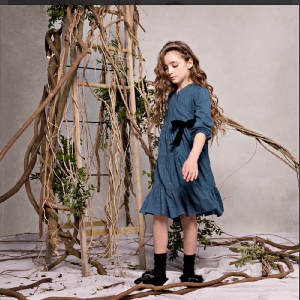 Teela green/blue dotted wrap dress with velvet bow